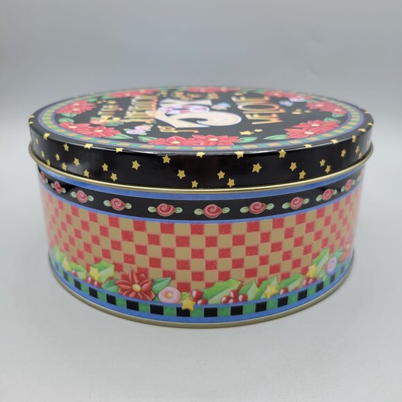 Mary Engelbreit Holiday Tin Container Joy Poinsettia Design Checkered Sides - Picture 5 of 9
